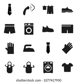 Flat vector icon set - iron vector, steaming, drying clothes, washer, rubber glove, apron, tie, snickers, shorts