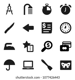 Flat vector icon set - iron vector, shower, spatula, knife, drawing compass, notebook pc, alarm clock, credit card, money search, stopwatch, receipt, umbrella, favorites, arrow, gift