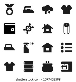 Flat vector icon set - iron vector, sprayer, toilet paper, book, wallet, medal, dna, cloud exchange, house, home, clothes, menu, coffee maker