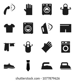 Flat vector icon set - iron vector, steaming, drying clothes, washer, rubber glove, apron, tie, snickers, shorts