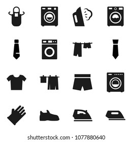 Flat vector icon set - iron vector, steaming, drying clothes, washer, rubber glove, apron, tie, snickers, shorts