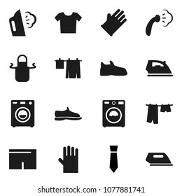 Flat vector icon set - iron vector, steaming, drying clothes, washer, rubber glove, apron, tie, snickers, shorts
