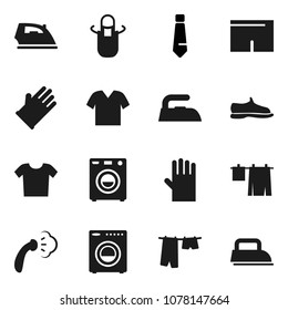 Flat vector icon set - iron vector, steaming, drying clothes, rubber glove, apron, tie, snickers, shorts, washer