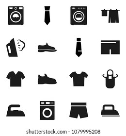 Flat vector icon set - iron vector, steaming, drying clothes, washer, apron, tie, snickers, shorts
