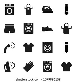 Flat vector icon set - iron vector, steaming, washer, rubber glove, apron, tie, snickers, shorts, clothes