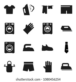 Flat vector icon set - iron vector, steaming, drying clothes, washer, rubber glove, apron, tie, snickers, shorts