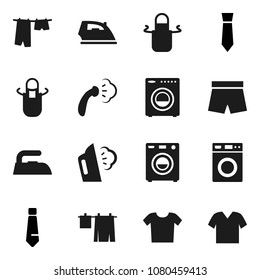 Flat vector icon set - iron vector, steaming, drying clothes, washer, apron, tie, shorts