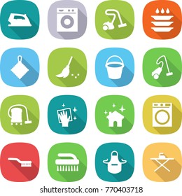 flat vector icon set - iron vector, washing machine, vacuum cleaner, plate, rag, broom, bucket, wiping, house cleaning, brush, apron, board
