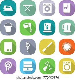 flat vector icon set - iron vector, board, washing machine, fridge, bucket, mixer, kettle, kitchen scales, handle, spatula, gas oven, elecric, double boiler, vacuum cleaner