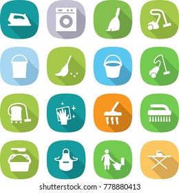 flat vector icon set - iron vector, washing machine, broom, vacuum cleaner, bucket, wiping, brush, powder, apron, toilet cleaning, board