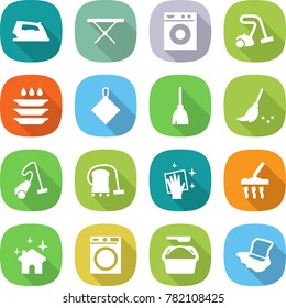 flat vector icon set - iron vector, board, washing machine, vacuum cleaner, plate, rag, broom, wiping, house cleaning, powder, floor