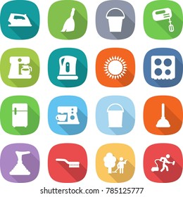 flat vector icon set - iron vector, broom, bucket, mixer, coffee maker, kettle, gas oven, hob, fridge, plunger, brush, garden cleaning, vacuum cleaner