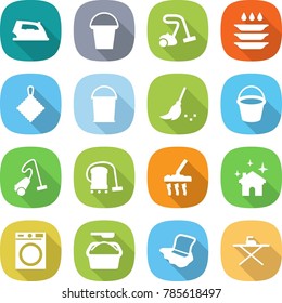 flat vector icon set - iron vector, bucket, vacuum cleaner, plate washing, rag, broom, house cleaning, machine, powder, floor, board