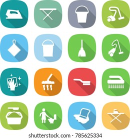 flat vector icon set - iron vector, board, bucket, vacuum cleaner, rag, broom, wiping, brush, washing powder, toilet cleaning, floor
