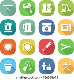 flat vector icon set - iron board vector, mixer, coffee maker, vacuum cleaner, kettle, kitchen scales, grill oven, gas, induction, blender, pruner, bucket, cleaning