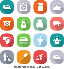 flat vector icon set - iron vector, washing machine, fridge, kettle, colander, apron, toaster, pig, wiping, brush, water tap sink, brooming, duster, vacuum cleaner