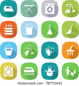 flat vector icon set - iron vector, board, washing machine, vacuum cleaner, plate, bucket, broom, wiping, brush, apron, toilet cleaning