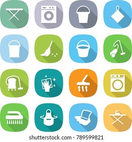 flat vector icon set - iron board vector, washing machine, bucket, rag, broom, vacuum cleaner, wiping, brush, apron, floor