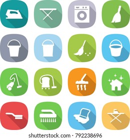 flat vector icon set - iron vector, board, washing machine, broom, bucket, vacuum cleaner, house cleaning, brush, floor