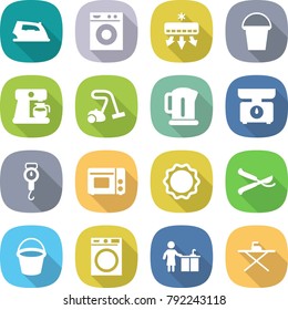 flat vector icon set - iron vector, washing machine, air conditioning, bucket, coffee maker, vacuum cleaner, kettle, kitchen scales, handle, grill oven, induction, pruner, cleaning, board
