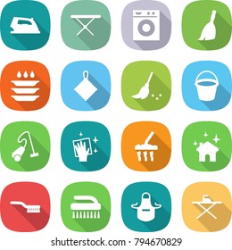 flat vector icon set - iron vector, board, washing machine, broom, plate, rag, bucket, vacuum cleaner, wiping, house cleaning, brush, apron