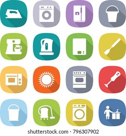 flat vector icon set - iron vector, washing machine, fridge, bucket, coffee maker, kettle, kitchen scales, spatula, grill oven, gas, blender, vacuum cleaner, cleaning