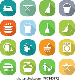 flat vector icon set - iron vector, board, broom, bucket, plate washing, vacuum cleaner, wiping, machine, brush, powder, toilet cleaning