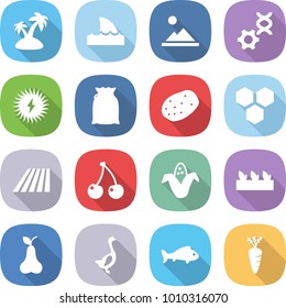 flat vector icon set - island vector, shark flipper, landscape, dna edit, solar power, flour, potato, honeycombs, field, cherry, corn, seedling, pear, goose, fish, carrot