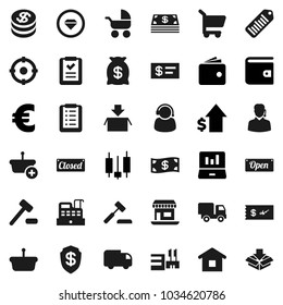 Flat vector icon set - japanese candle vector, laptop graph, wallet, dollar growth, euro sign, office, barcode, coin, cash, money bag, open, closed, mall, support, target, cashbox, basket, cart