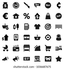 Flat vector icon set - japanese candle vector, crisis, dollar growth, target, euro sign, cent, office, gift, money bag, sale, new, 24 hour, shopping, percent, market, mall, support, barcode, cashbox