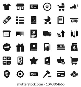 Flat vector icon set - japanese candle vector, percent growth, target, office, barcode, gift, credit card, cash, star, money bag, new, open, reader, receipt, basket, cart, shopping list, calculator