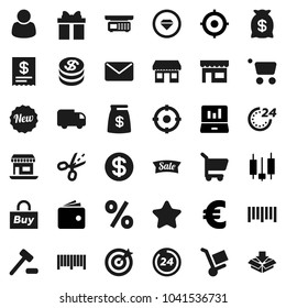Flat vector icon set - japanese candle vector, laptop graph, wallet, target, euro sign, office, barcode, gift, dollar coin, star, money bag, sale, new, 24 hour, percent, store, customer, buy, cart