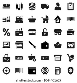 Flat vector icon set - japanese candle vector, laptop graph, wallet, crisis, dollar growth, target, gift, coin, cash, open, percent, market, store, mall, support, buy, barcode, card reader, cashbox