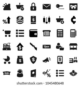 Flat vector icon set - japanese candle vector, wallet, crisis, percent growth, dollar, cent sign, gift, coin, money bag, sale, open, market, mall, customer, support, card reader, cashbox, receipt