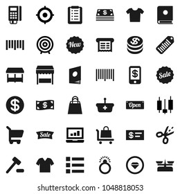 Flat vector icon set - japanese candle vector, laptop graph, target, barcode, dollar coin, cash, sale, new, open, shopping bag, market, card reader, receipt, basket, cart, list, auction, trolley