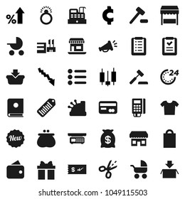 Flat vector icon set - japanese candle vector, crisis, percent growth, cent sign, office, barcode, gift, credit card, wallet, money bag, new, 24 hour, shopping, market, store, mall, reader, cashbox