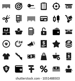 Flat vector icon set - japanese candle vector, laptop graph, wallet, crisis, barcode, credit card, dollar coin, cash, star, 24 hour, shopping bag, percent, target, reader, receipt, basket, list
