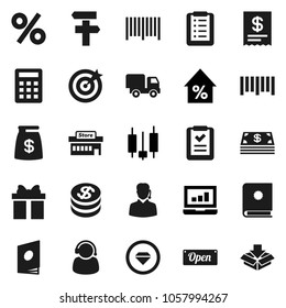 Flat vector icon set - japanese candle vector, laptop graph, percent growth, barcode, gift, dollar coin, cash, money bag, open, mall, support, target, receipt, shopping list, calculator, delivery