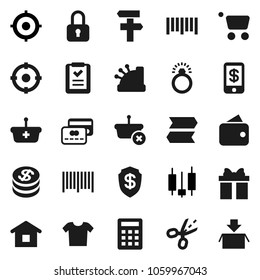 Flat vector icon set - japanese candle vector, target, barcode, gift, credit card, dollar coin, wallet, cashbox, basket, cart, home, shopping list, calculator, lock, tap pay, coupon, diamond ring