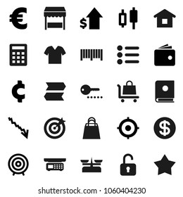 Flat vector icon set - japanese candle vector, wallet, crisis, dollar growth, target, euro sign, cent, coin, shopping bag, market, barcode, home, calculator, trolley, catalog, unlock, signpost, menu