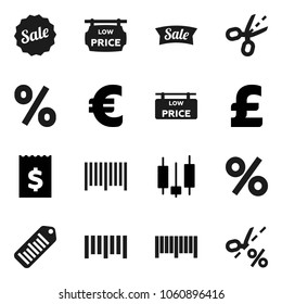 Flat vector icon set - japanese candle vector, receipt, euro sign, pound, barcode, low price signboard, sale, percent, coupon