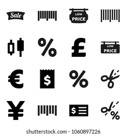 Flat vector icon set - japanese candle vector, receipt, euro sign, pound, yen, barcode, low price signboard, sale, percent, coupon