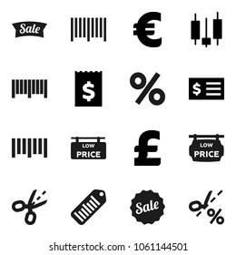Flat vector icon set - japanese candle vector, receipt, euro sign, pound, barcode, low price signboard, sale, percent, coupon