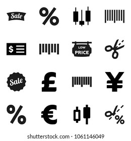 Flat vector icon set - japanese candle vector, receipt, euro sign, pound, yen, barcode, low price signboard, sale, percent, coupon