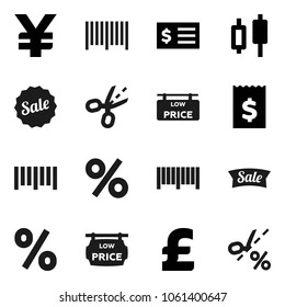 Flat vector icon set - japanese candle vector, receipt, pound, yen sign, barcode, low price signboard, sale, percent, coupon
