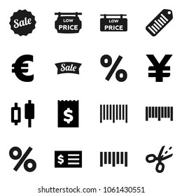 Flat vector icon set - japanese candle vector, receipt, euro sign, yen, barcode, low price signboard, sale, percent, coupon