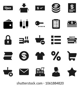 Flat vector icon set - japanese candle vector, wallet, dollar coin, cash, open, percent, mall, support, cashbox, receipt, basket, cart, shopping list, mail, lock, check, signpost, clothes, menu