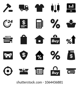 Flat vector icon set - japanese candle vector, laptop graph, percent growth, gift, money bag, 24 hour, shopping, mall, target, buy, card reader, receipt, basket, home, auction, delivery, clothes