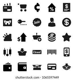 Flat vector icon set - japanese candle vector, wallet, percent growth, dollar, cent sign, barcode, gift, credit card, coin, star, sale, closed, support, cashbox, receipt, basket, cart, mail, tap pay