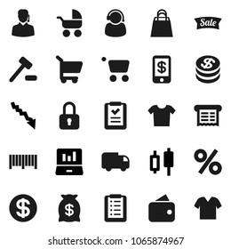 Flat vector icon set - japanese candle vector, laptop graph, crisis, dollar coin, wallet, money bag, sale, shopping, percent, support, barcode, receipt, cart, list, auction, delivery, lock, tap pay